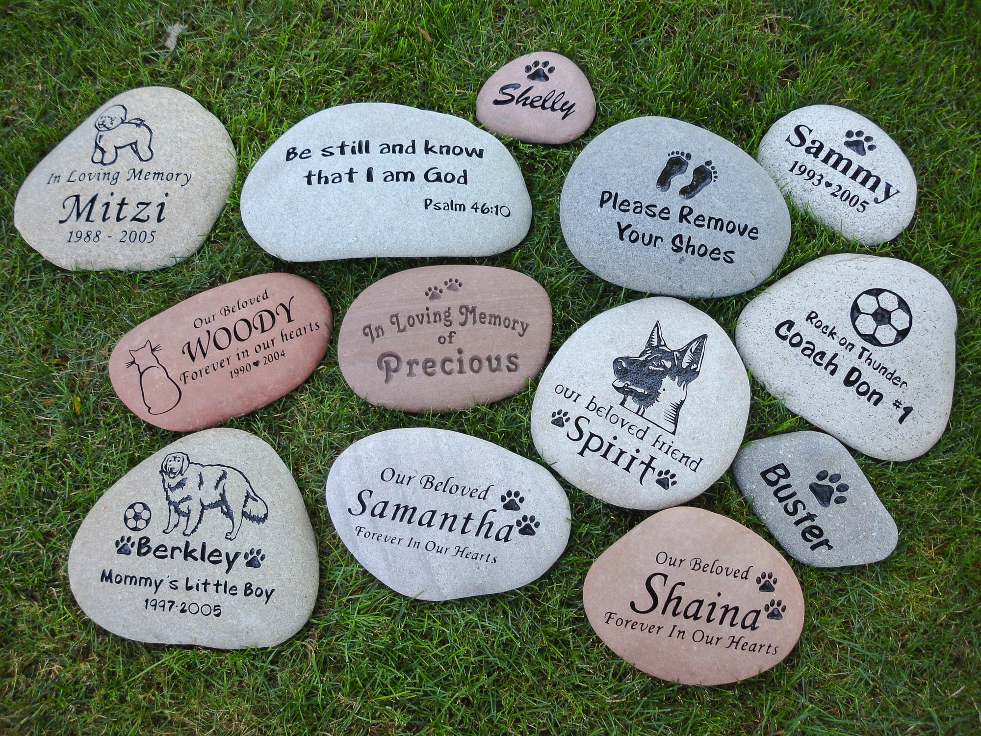 group of engraved pet memorial river stones