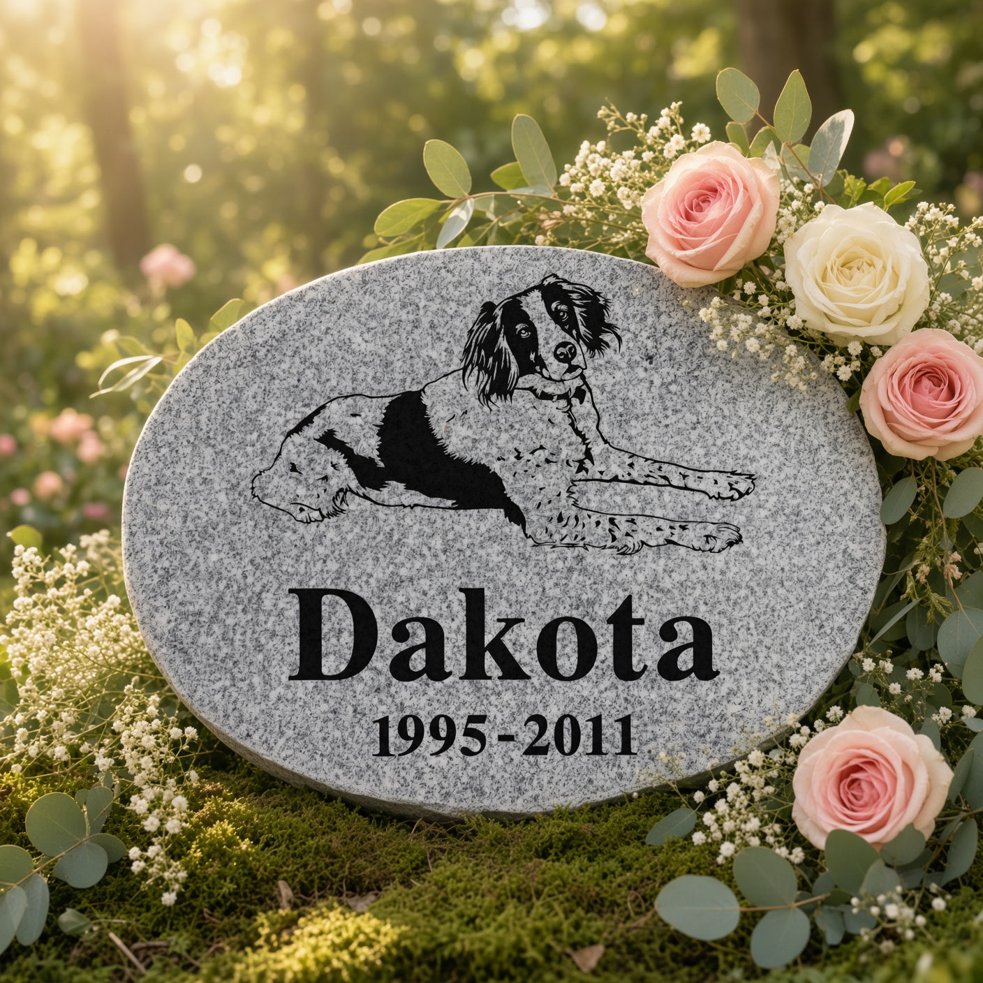 Oval gray memorial garden stone engraved with a black dog illustration and the text 'Dakota 1995-2011', displayed outdoors on moss surrounded by pink and cream roses and greenery.